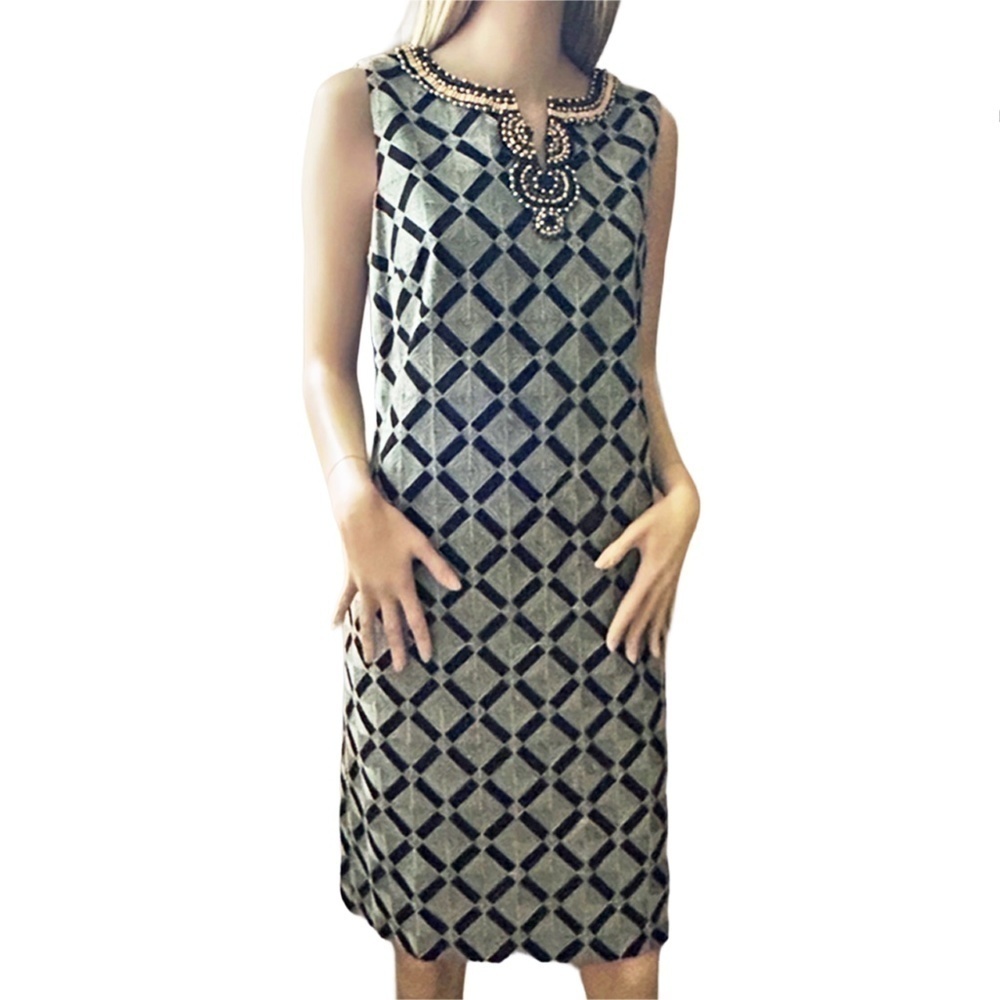 Ellen Tracy Shift Dress Tribal Beaded Boho Woven Geometric Linen Cotton Blend